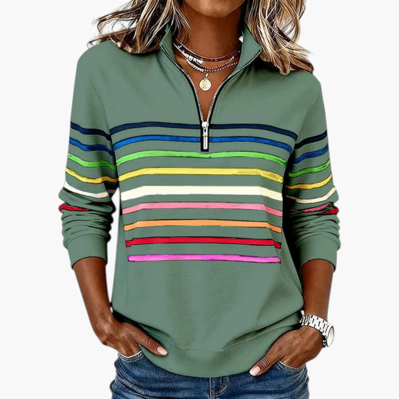 Gestreiftes Damen Sweatshirt mit Stehkragen und Halbem Reißverschluss