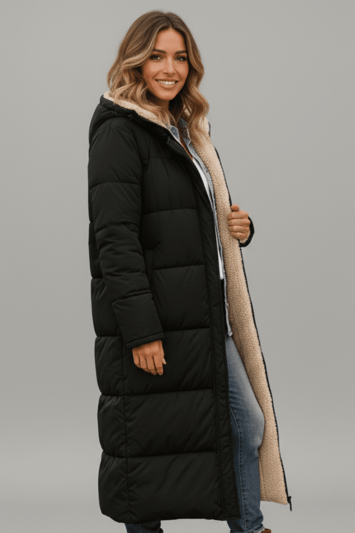 Langer Damen Steppmantel mit Kapuze