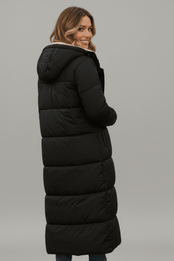 Langer Damen Steppmantel mit Kapuze