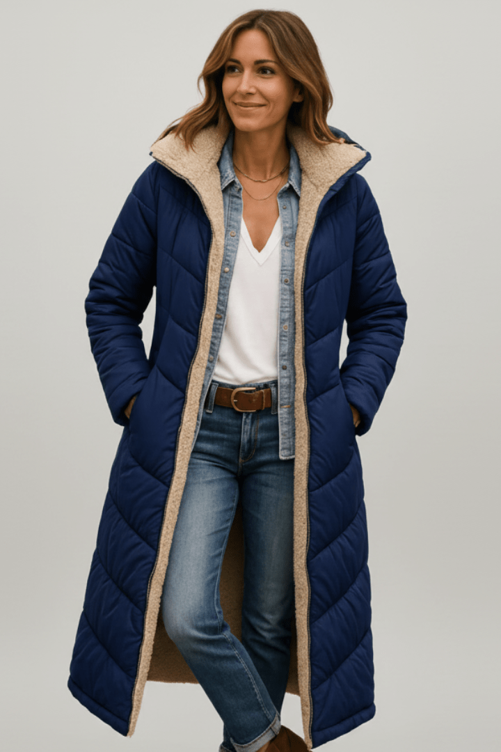 Langer Damen Steppmantel mit Kapuze