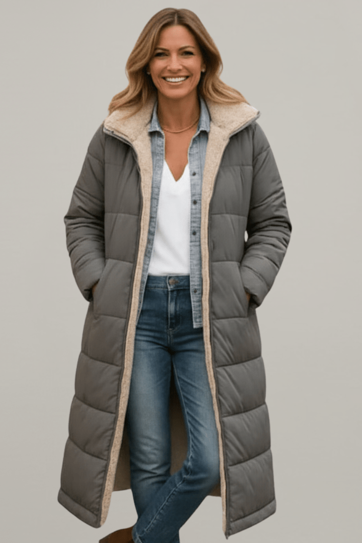 Langer Damen Steppmantel mit Kapuze