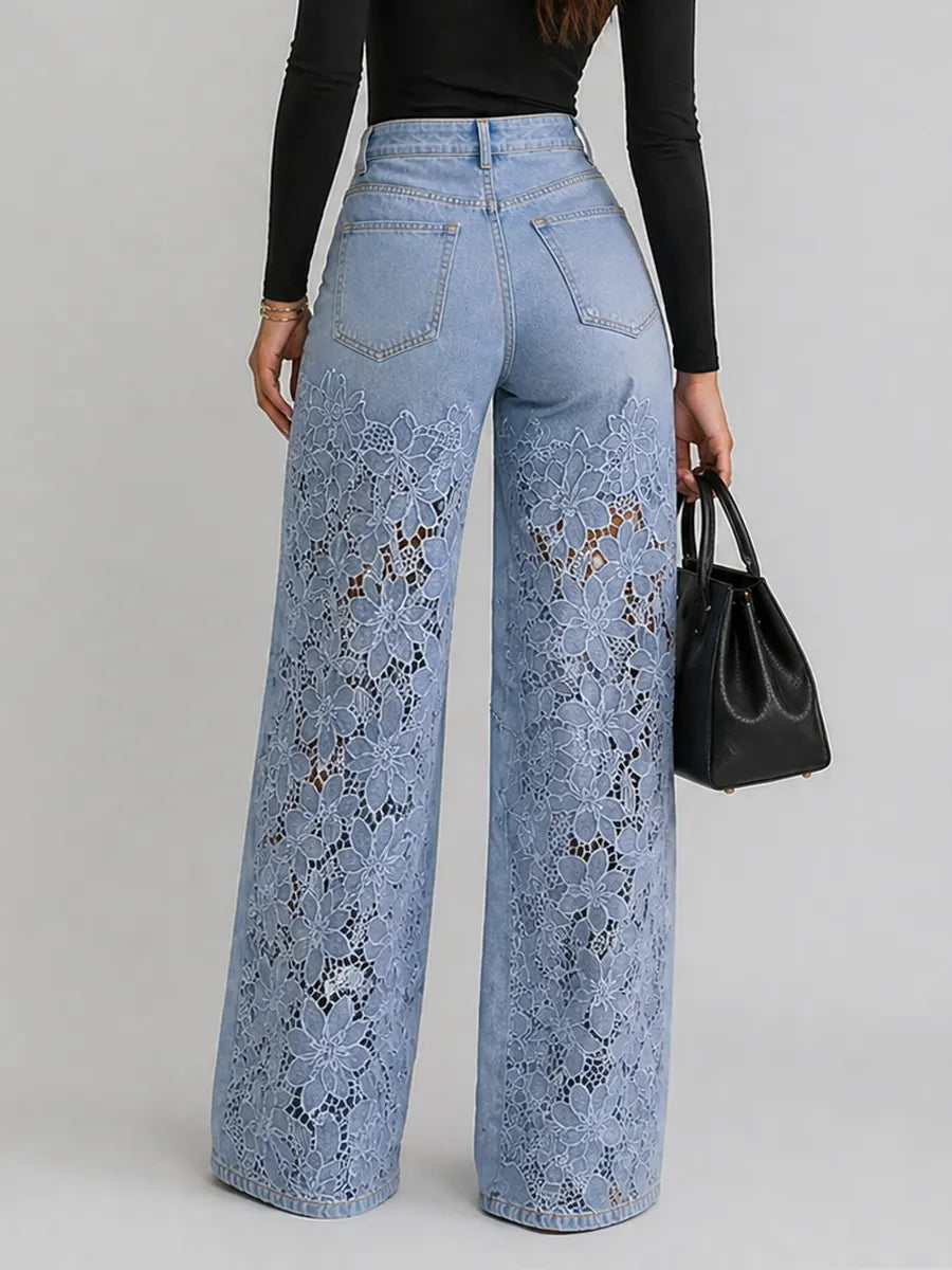 Jean large à taille haute avec empiècements en dentelle florale