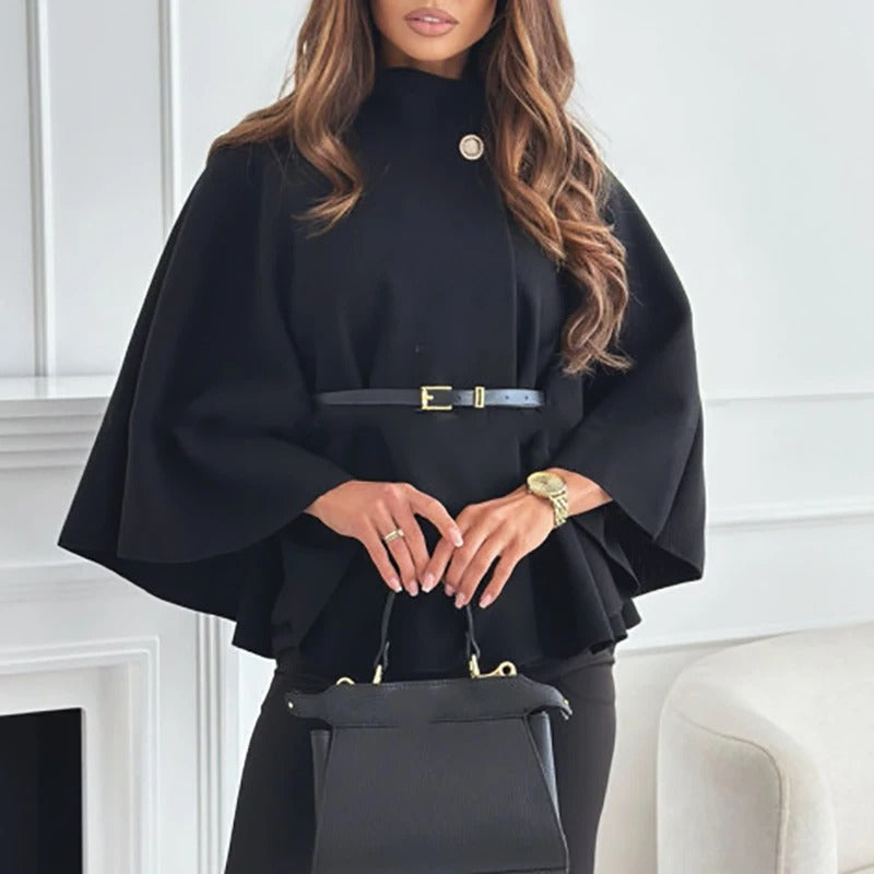 Weites Damen Cape mit Bindegürtel und Knopfdetail