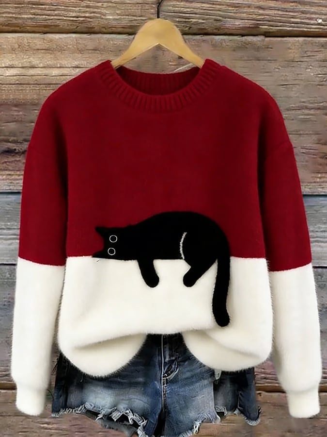 Damen Strickpullover mit Verspieltem Katzenmotiv