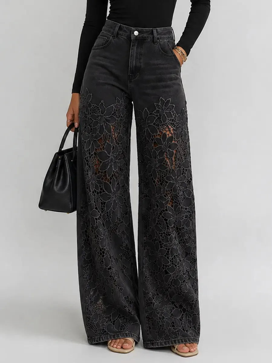 Jean large à taille haute avec empiècements en dentelle florale