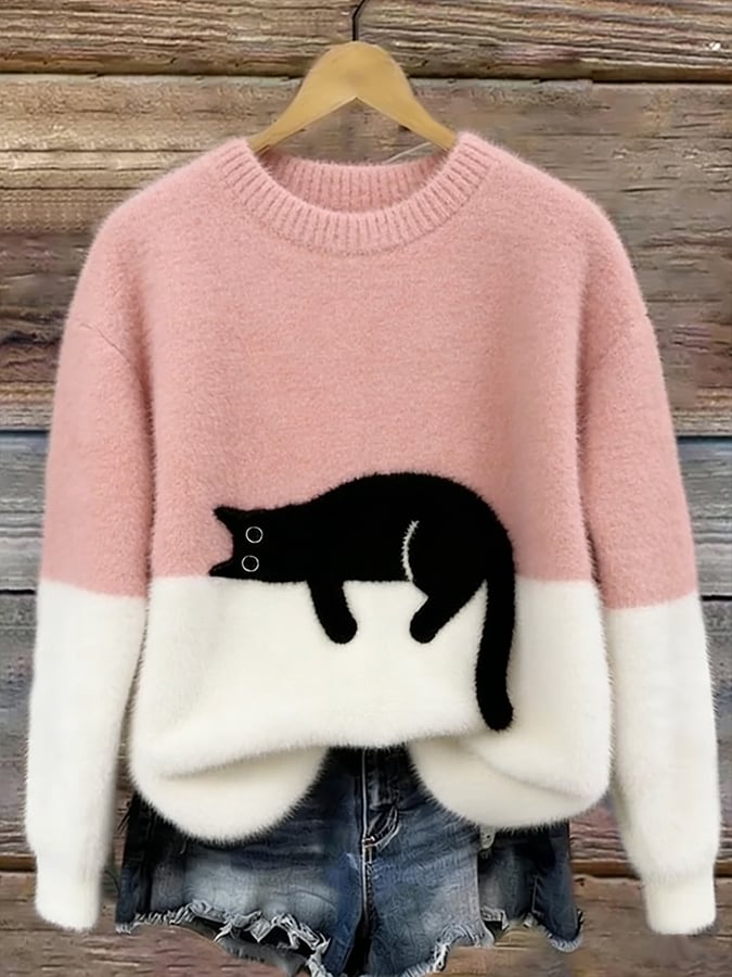 Damen Strickpullover mit Verspieltem Katzenmotiv