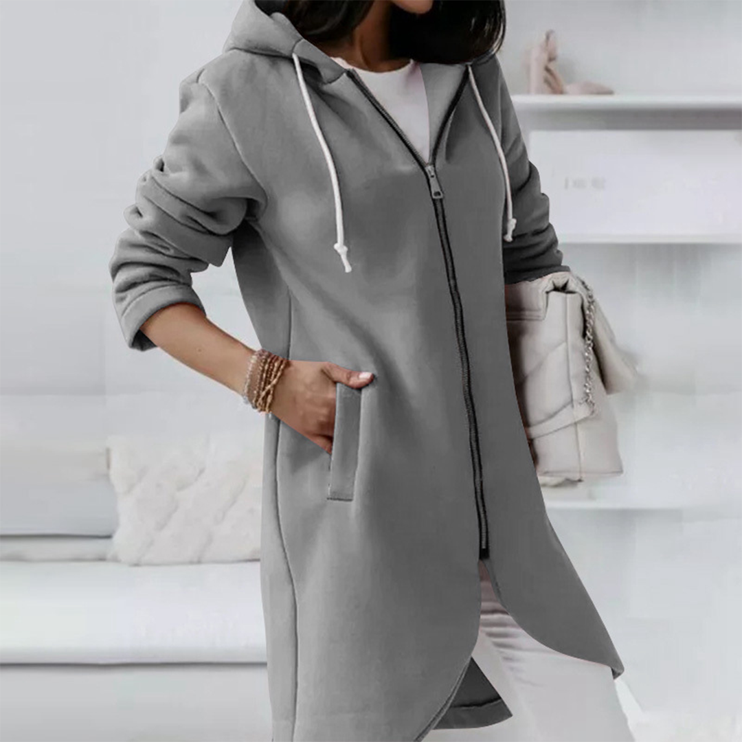 Lange Kapuzenjacke mit Reissverschluss und Kordelzug