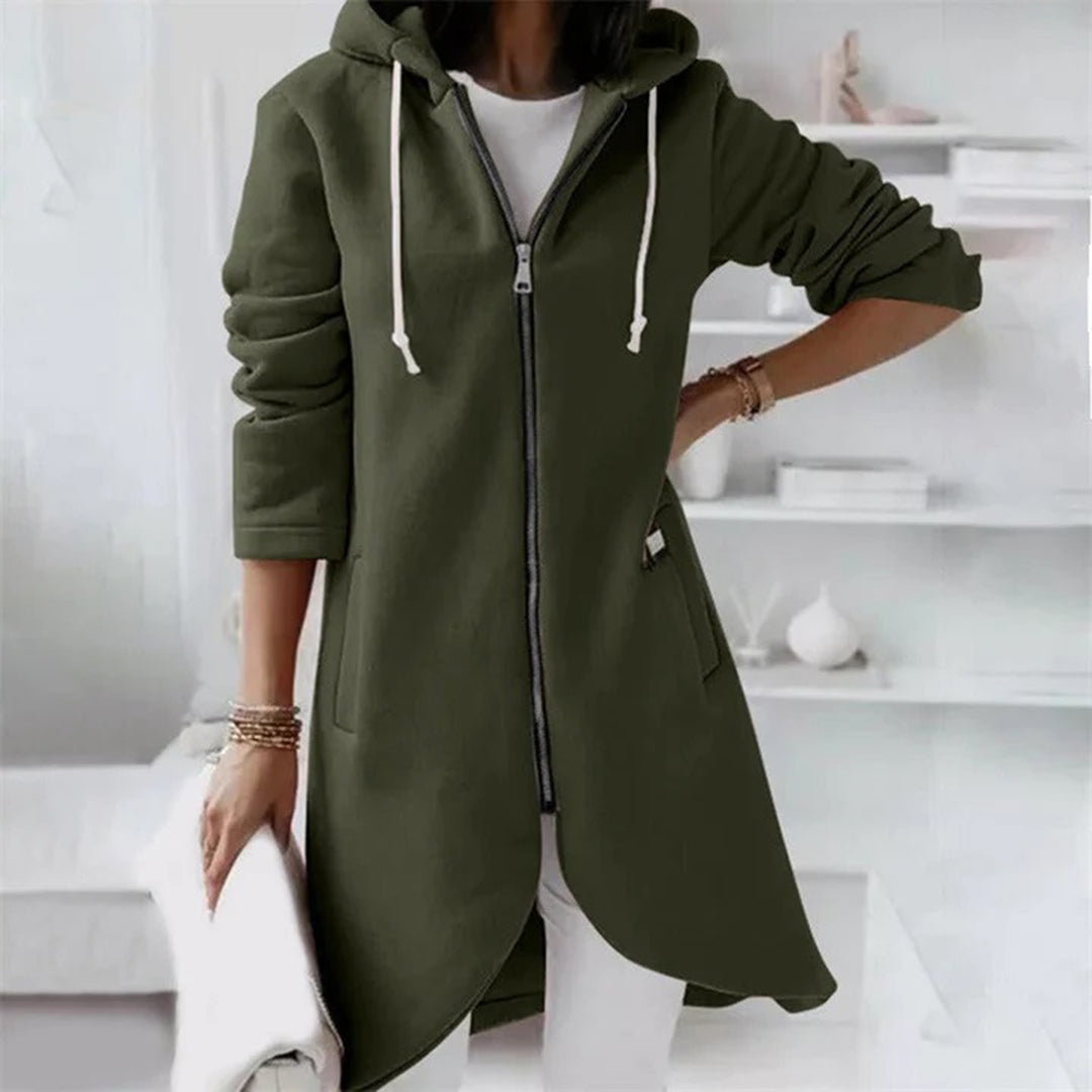 Lange Kapuzenjacke mit Reissverschluss und Kordelzug