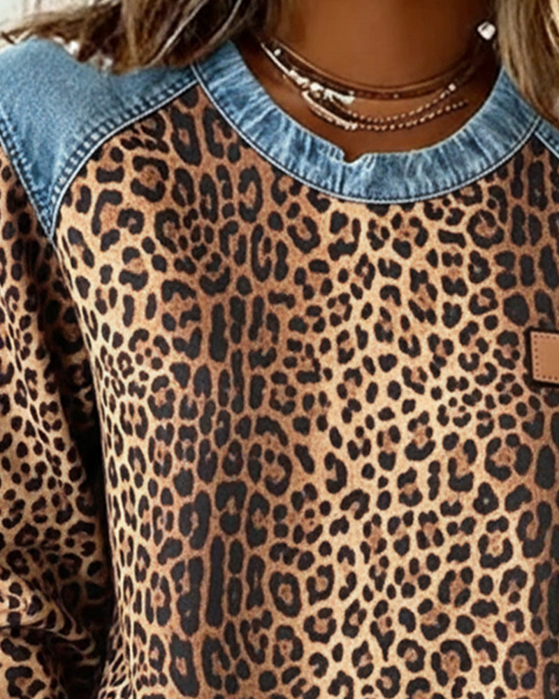 Damen Sweatshirt Mit Leopardenmuster Und Denim Patchwork