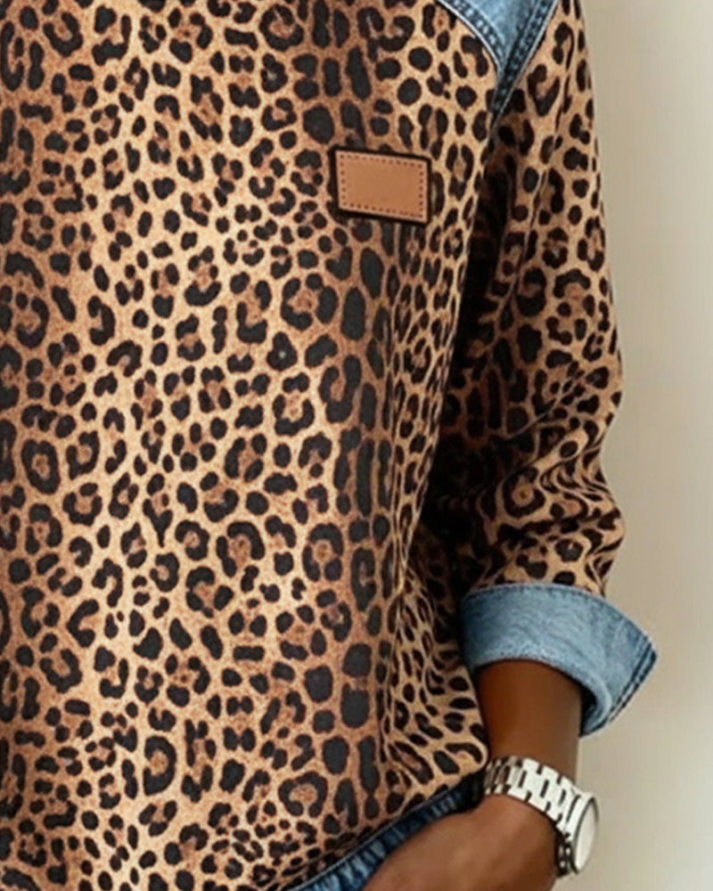 Damen Sweatshirt Mit Leopardenmuster Und Denim Patchwork