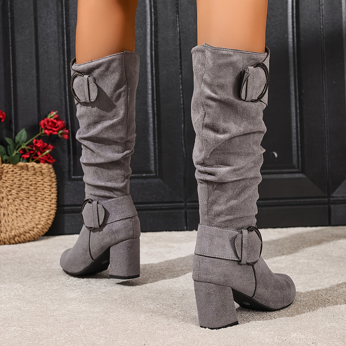 Kniehohe Damen Slouch Stiefel Mit Doppelschnalle