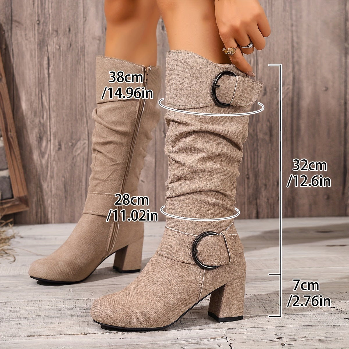 Kniehohe Damen Slouch Stiefel Mit Doppelschnalle
