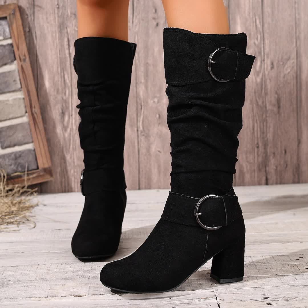 Kniehohe Damen Slouch Stiefel Mit Doppelschnalle