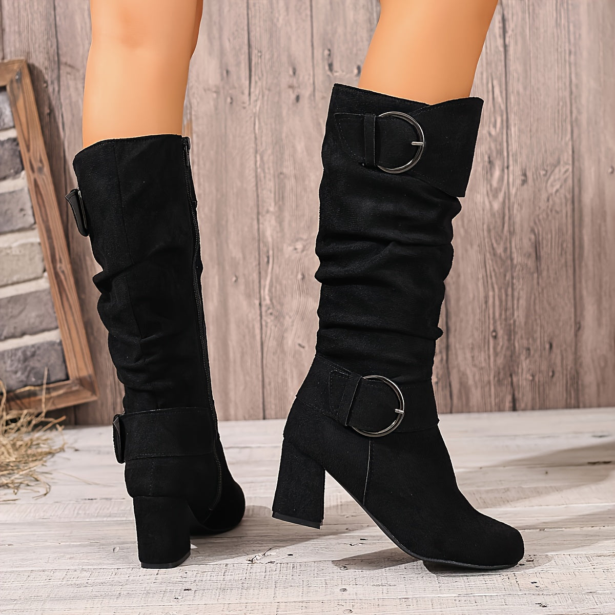 Kniehohe Damen Slouch Stiefel Mit Doppelschnalle