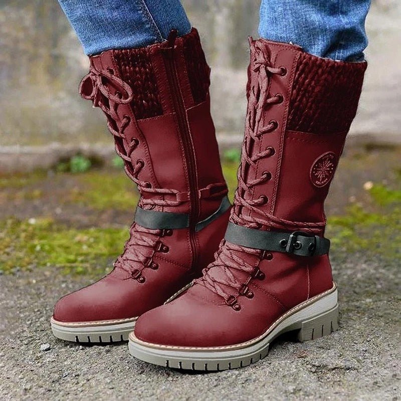 Damen Stiefel mit Schnallen und Strickstulpe