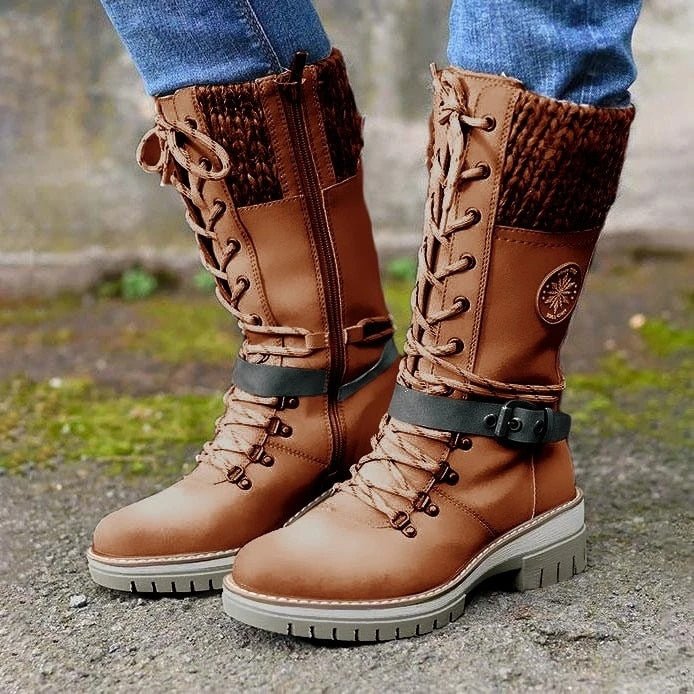 Damen Stiefel mit Schnallen und Strickstulpe