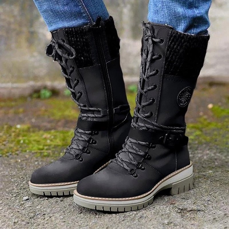 Damen Stiefel mit Schnallen und Strickstulpe