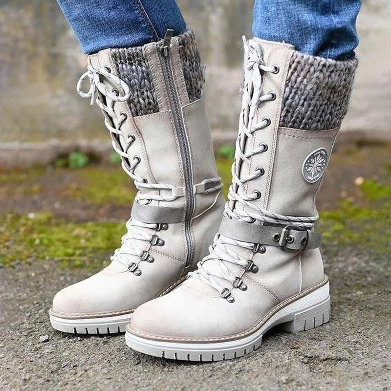 Damen Stiefel mit Schnallen und Strickstulpe