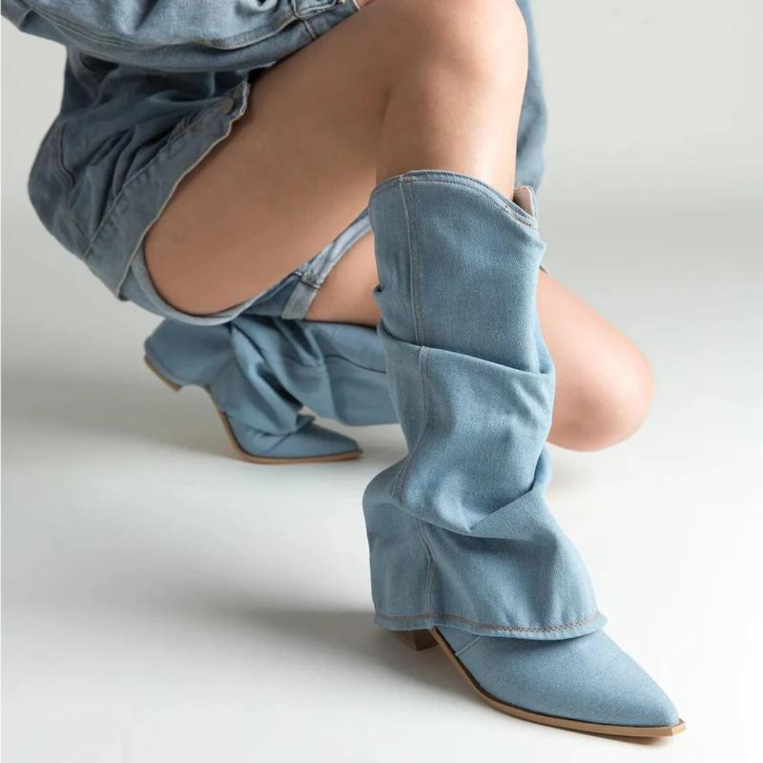 Hohe Damen Plissee Stiefel mit spitzer Zehe und Blockabsatz