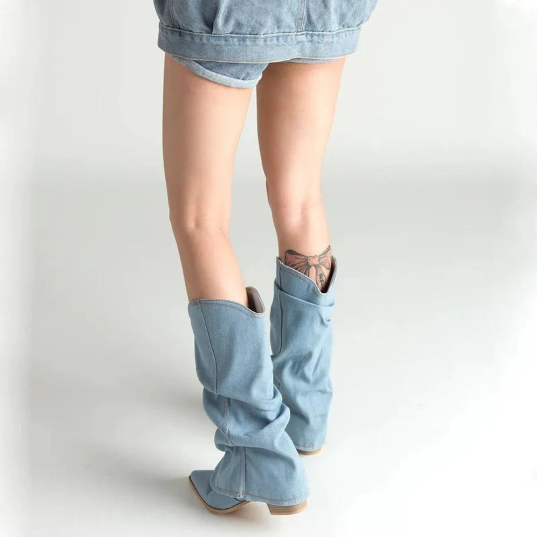 Hohe Damen Plissee Stiefel mit spitzer Zehe und Blockabsatz