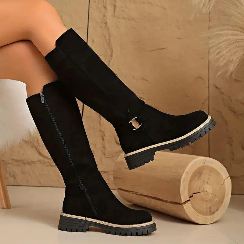 Kniehohe Damen Stiefel Mit Schnalle Und Profilsohle