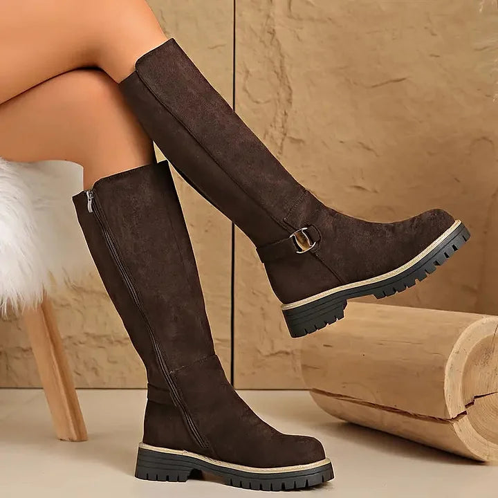 Kniehohe Damen Stiefel Mit Schnalle Und Profilsohle