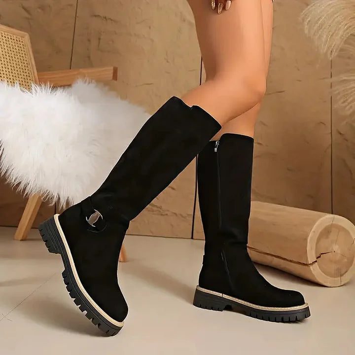 Kniehohe Damen Stiefel Mit Schnalle Und Profilsohle