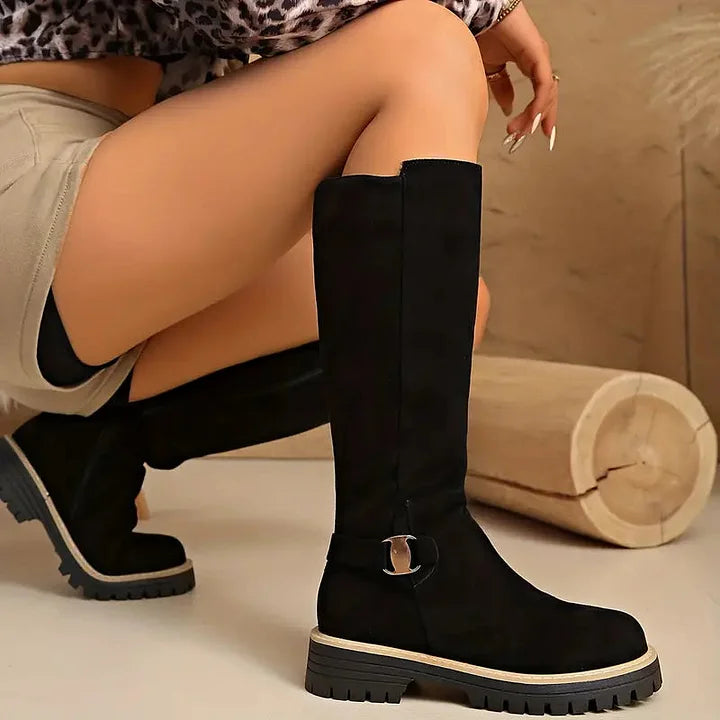 Kniehohe Damen Stiefel Mit Schnalle Und Profilsohle