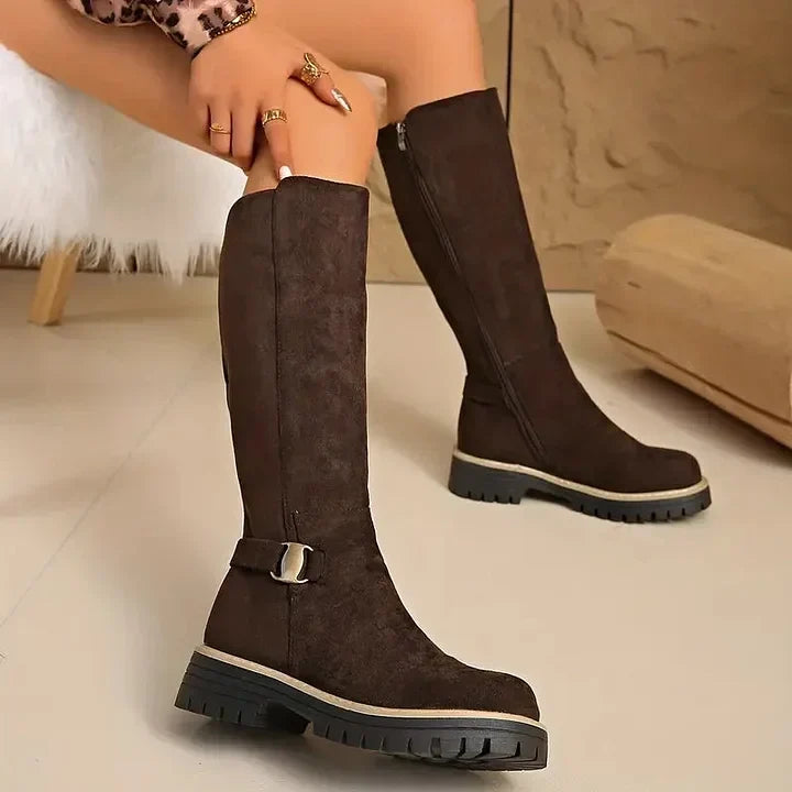 Kniehohe Damen Stiefel Mit Schnalle Und Profilsohle