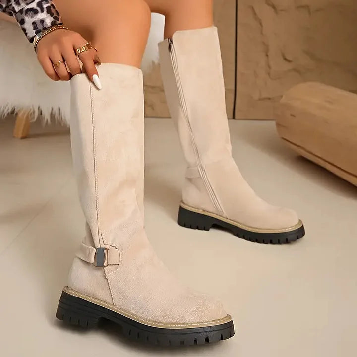 Kniehohe Damen Stiefel Mit Schnalle Und Profilsohle