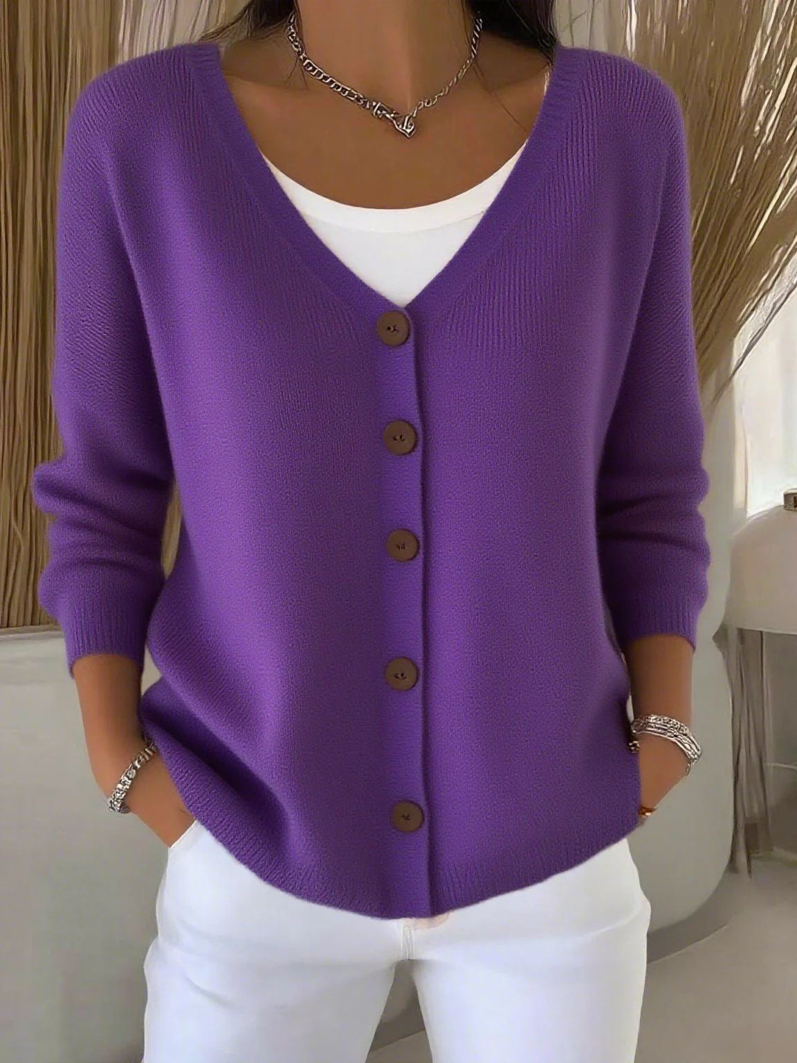 Damen Langarm Pullover Mit V Ausschnitt Und Knopfleiste