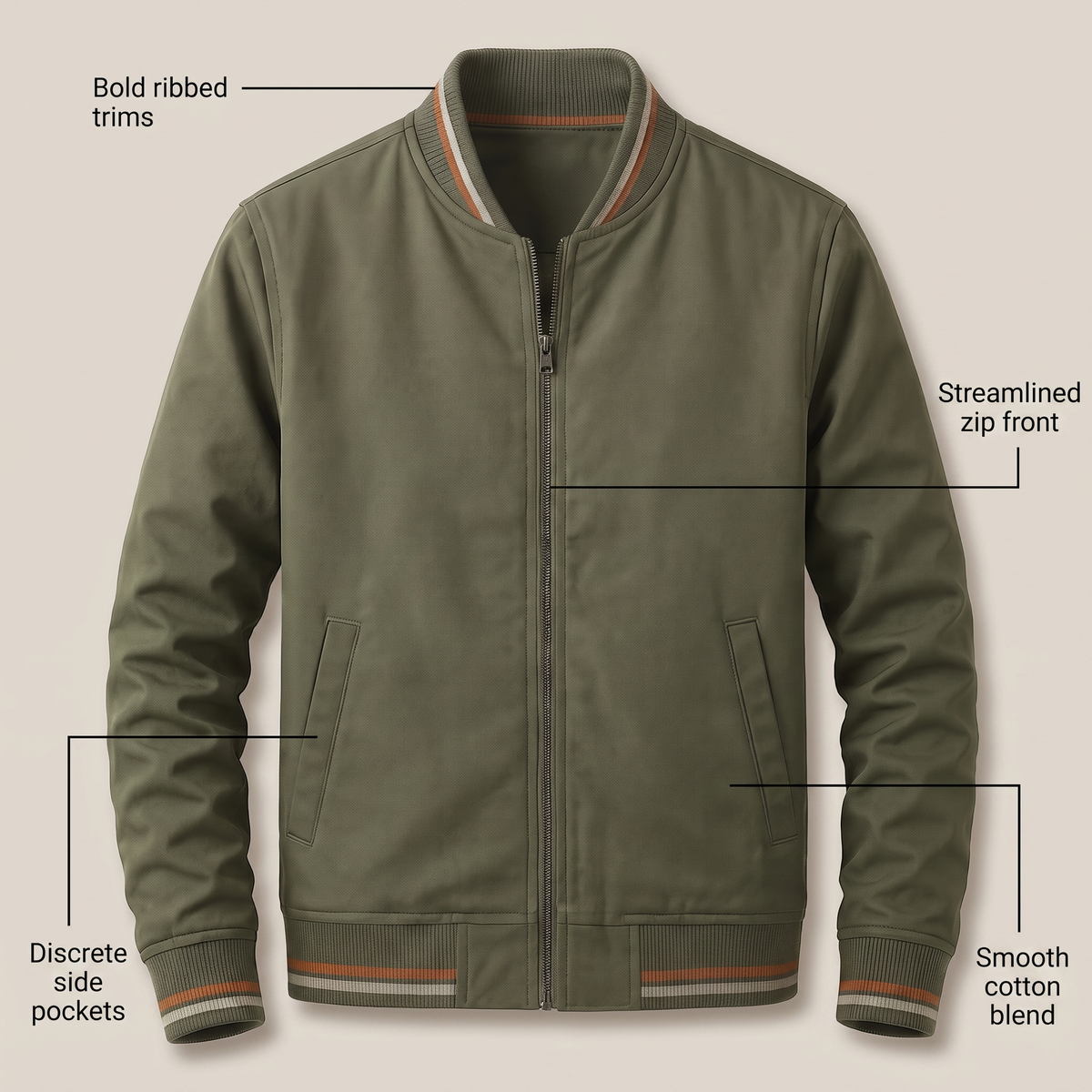 Herren Leichtjacke mit Zipp und Rippbündchen