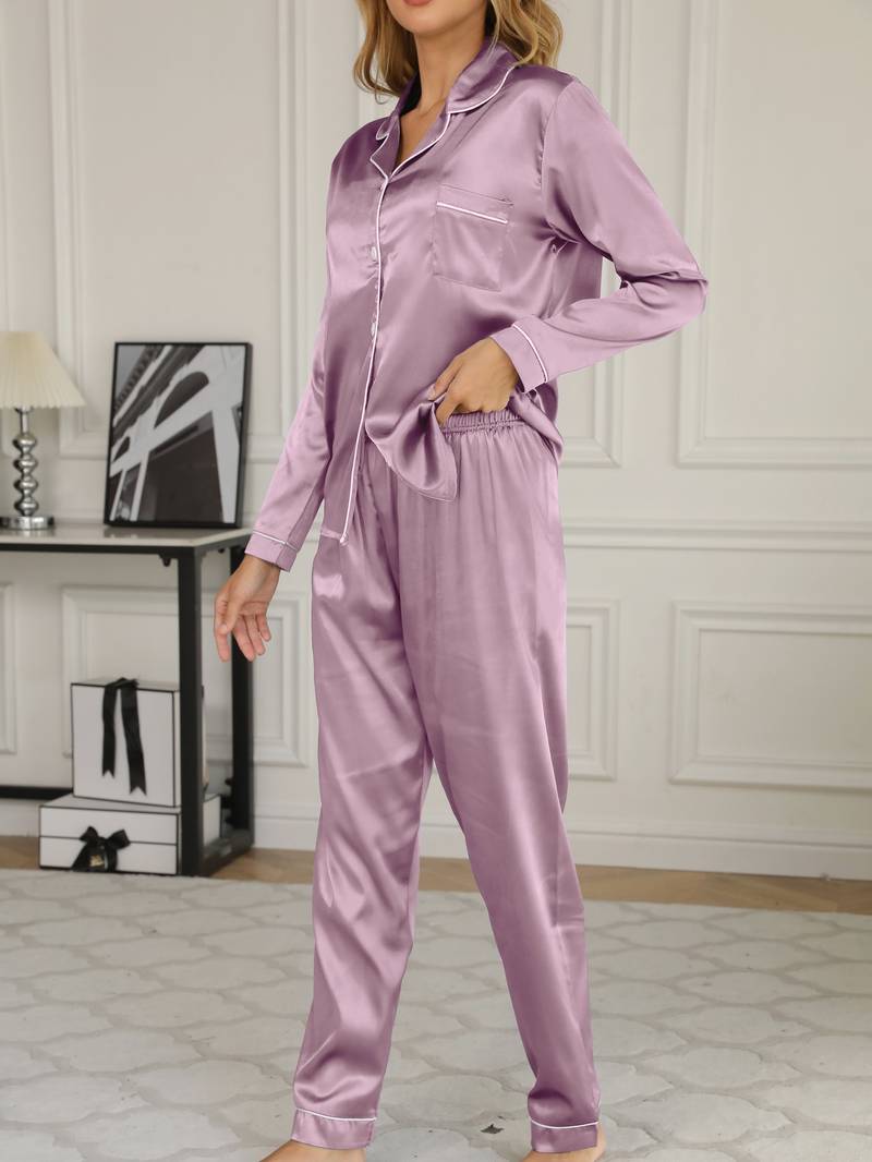 Zweiteiliges Satin Pyjama Set mit Knopfleiste und Langer Hose