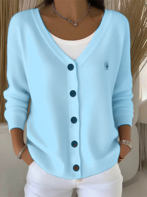 Damen Langarm Pullover Mit V Ausschnitt Und Knopfleiste