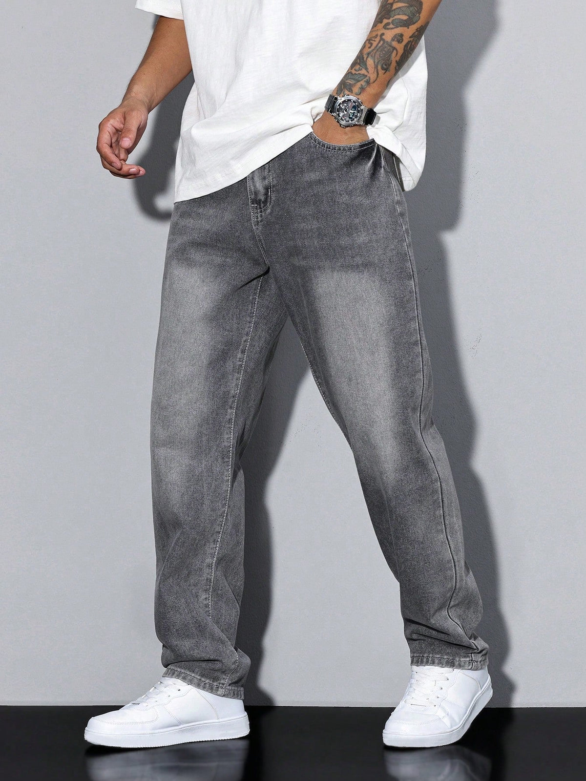 Lockere Herren Jeans Einfarbig mit Geradem Bein