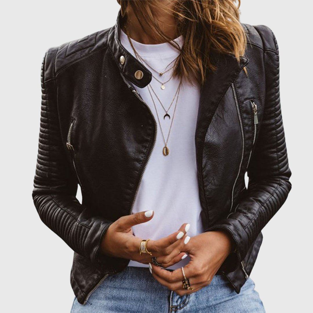 Taillierte Damen Bikerjacke mit Stehkragen