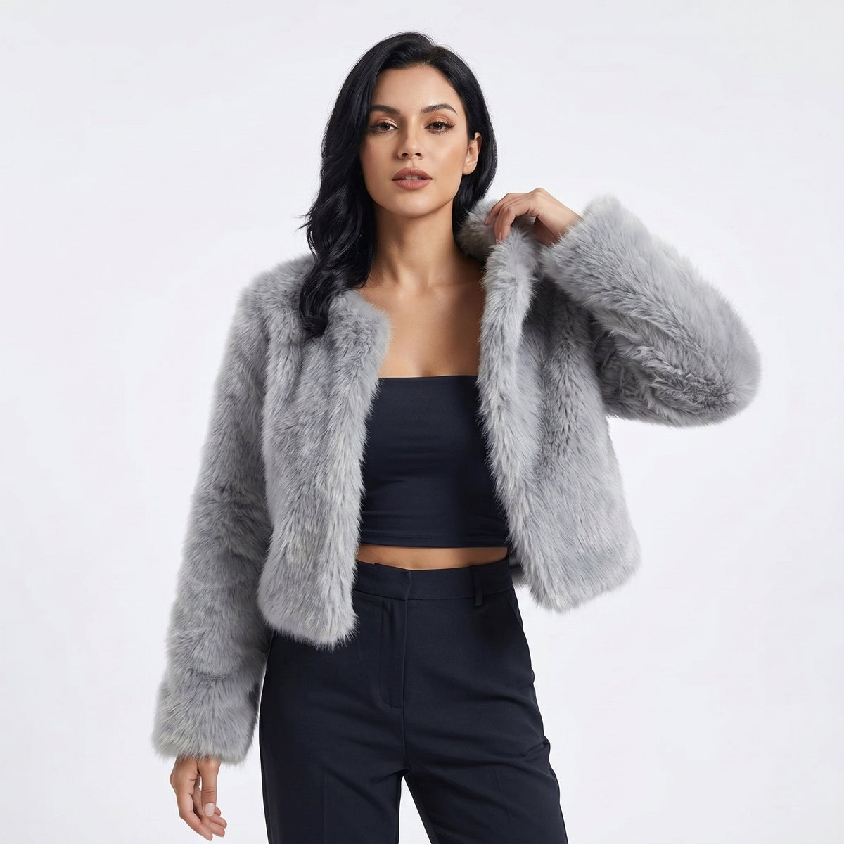 Flauschige Damen Kurzjacke aus Kunstpelz im Cardigan-Stil