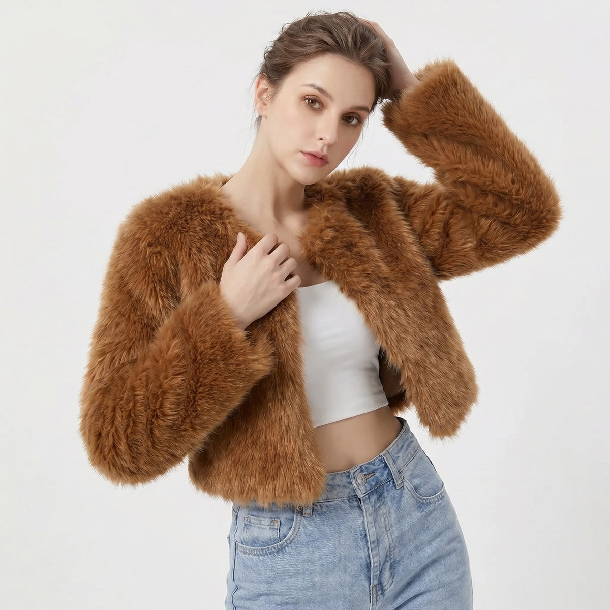 Flauschige Damen Kurzjacke aus Kunstpelz im Cardigan-Stil