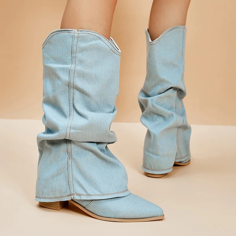 Hohe Damen Plissee Stiefel mit spitzer Zehe und Blockabsatz