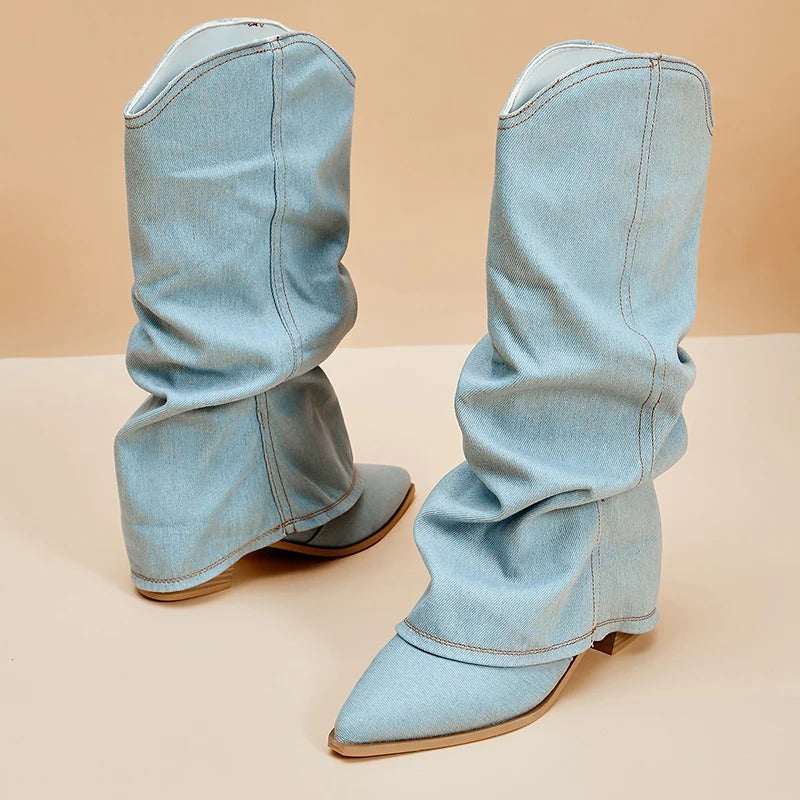 Hohe Damen Plissee Stiefel mit spitzer Zehe und Blockabsatz
