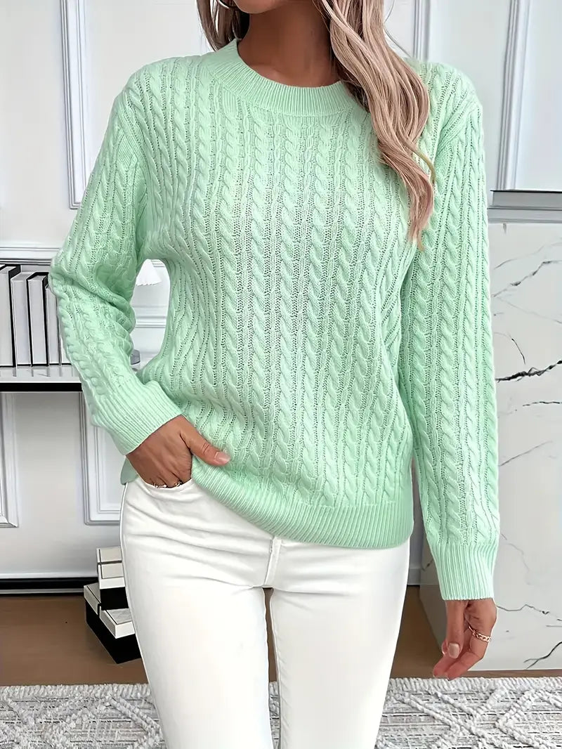 Damen Zopfstrickpullover mit Langen Ärmeln und Rippbündchen