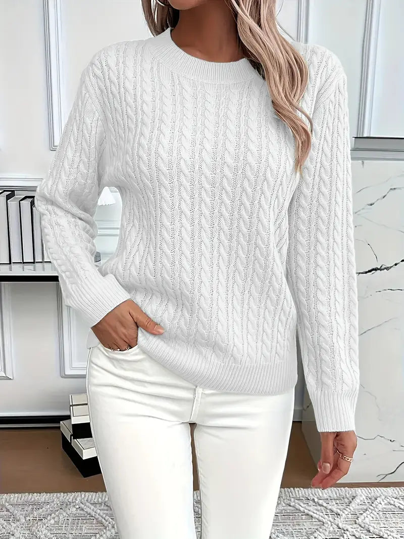 Damen Zopfstrickpullover mit Langen Ärmeln und Rippbündchen