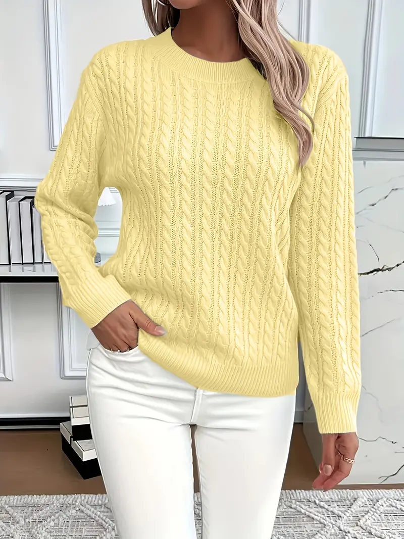 Damen Zopfstrickpullover mit Langen Ärmeln und Rippbündchen