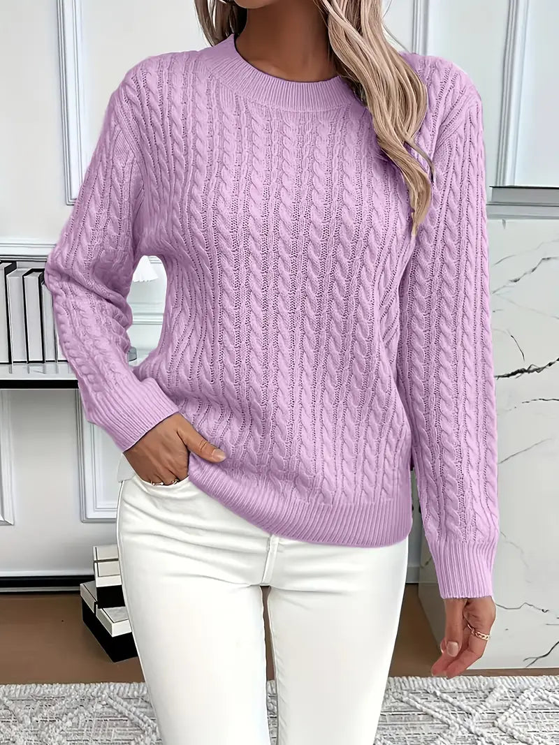 Damen Zopfstrickpullover mit Langen Ärmeln und Rippbündchen