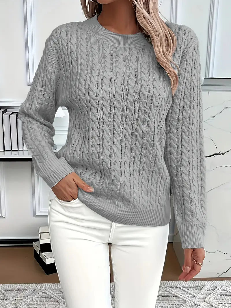 Damen Zopfstrickpullover mit Langen Ärmeln und Rippbündchen