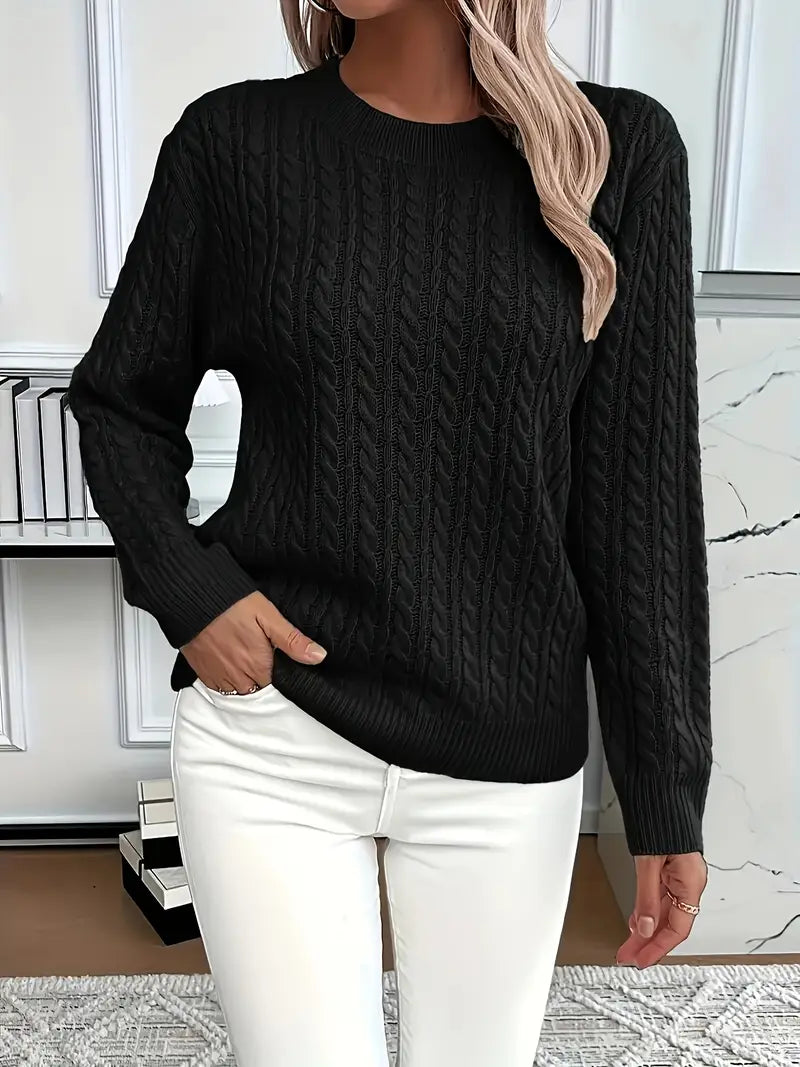 Damen Zopfstrickpullover mit Langen Ärmeln und Rippbündchen