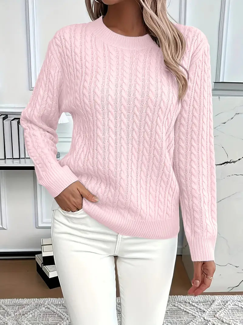 Damen Zopfstrickpullover mit Langen Ärmeln und Rippbündchen