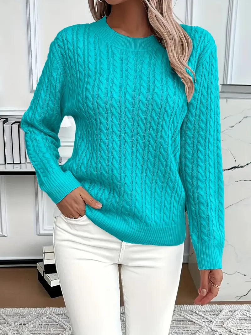 Damen Zopfstrickpullover mit Langen Ärmeln und Rippbündchen