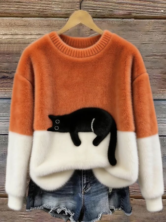 Damen Strickpullover mit Verspieltem Katzenmotiv