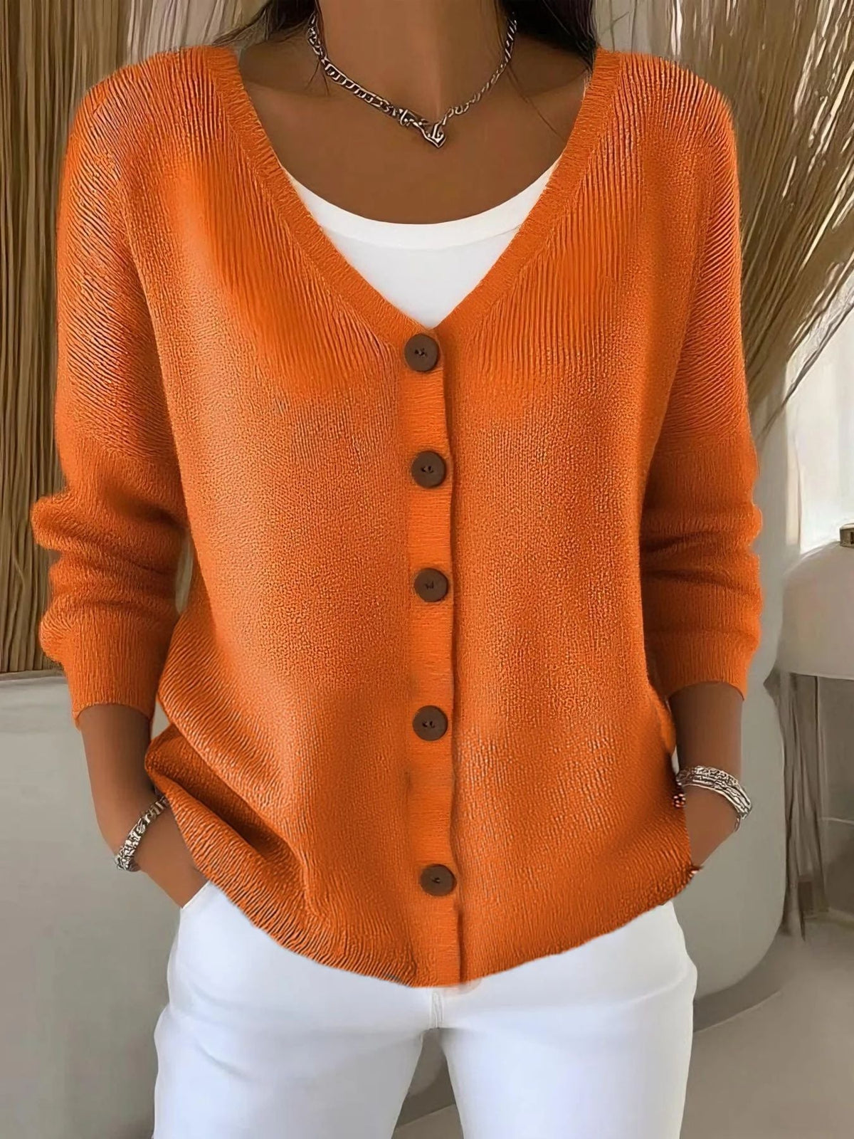 Damen Langarm Pullover Mit V Ausschnitt Und Knopfleiste